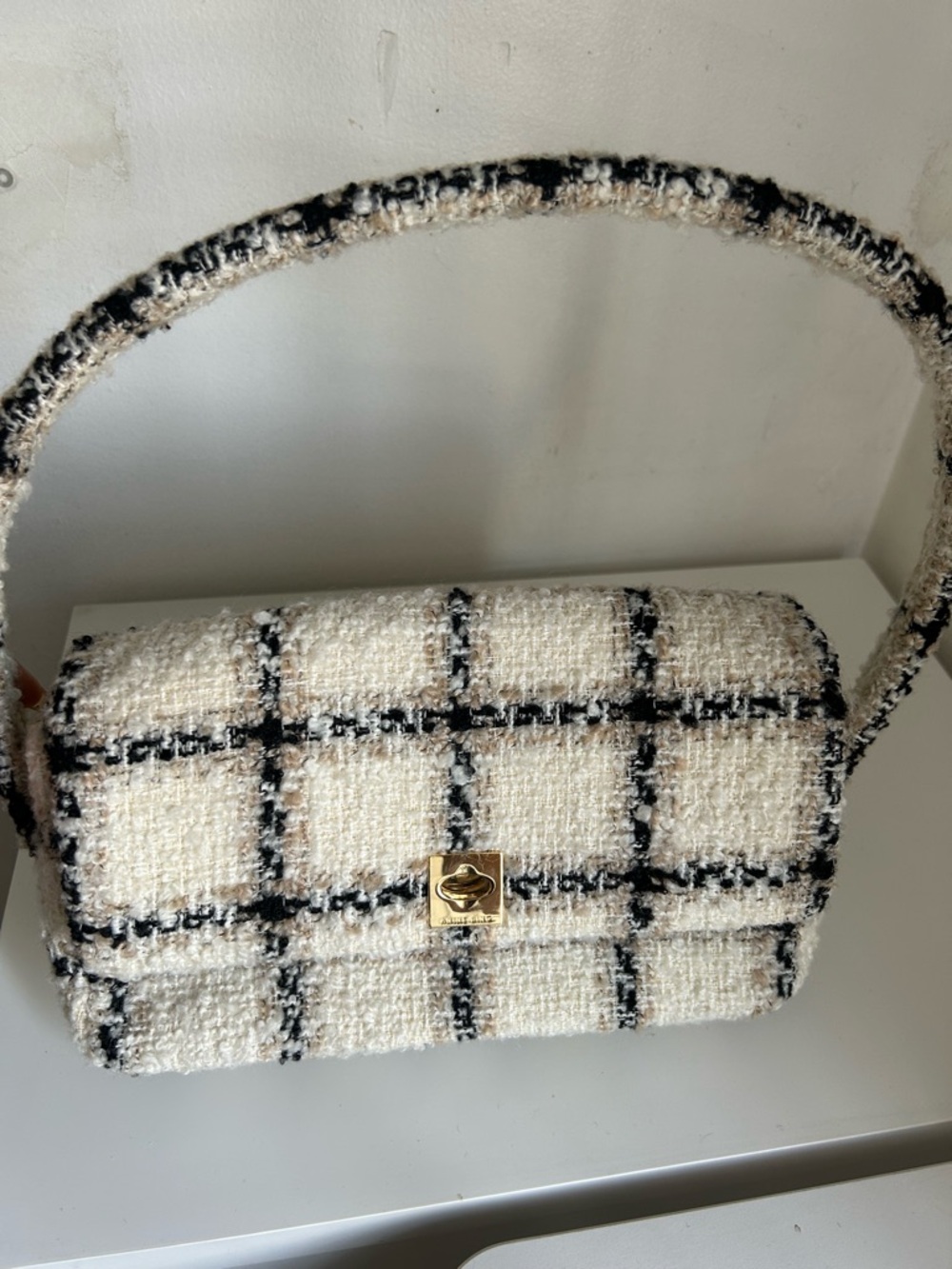 Anine Bing Cream and Black Tweed Shoulder Bag with Gold Hardware